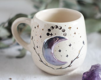 Ceramic mug with violet moon and lunar phases