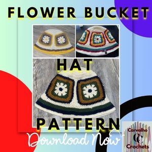 May include: Crochet pattern for a flower bucket hat. The hat is white with brown, green, and yellow accents. The pattern is available for download. "Flower Bucket Hat Pattern Download Now" text is visible in the image.