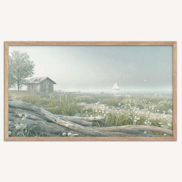 Digital Download - Tranquil Beach Scene featuring a rustic house sailboat flowers and birds shrouded in mist with a subtle grainy texture