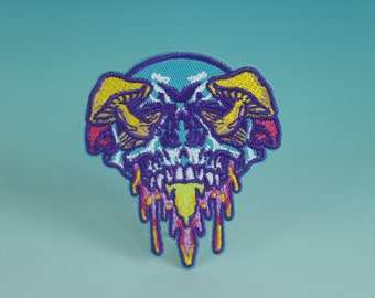 melting skull mushroom growing from the eye patch, iron on patch, embroidered patch, aesthetic patch, funny patch, for jacket, for backpack,