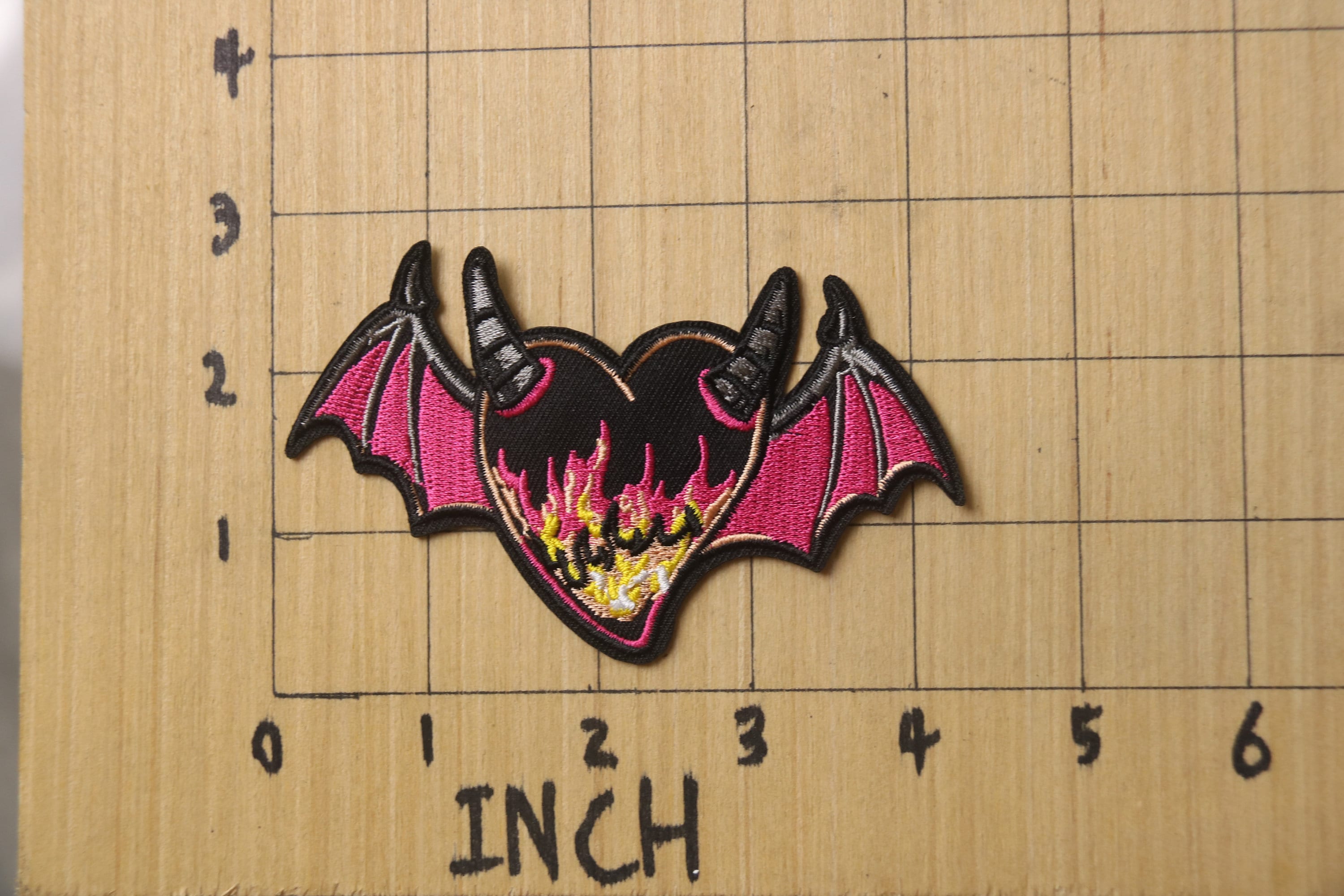 Bat Patch Flaming Heart Shape Bat Patch, Devil Patch, Iron on Patch, Embroidered ...