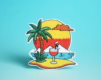 Beach Sunset Embroidered Patch: Hawaii Summer Iron-On Applique