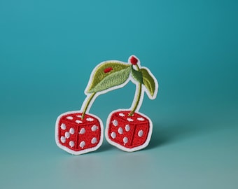 tärningar körsbärslapp, körsbärslapp, stryklapp, broderad lapp, estetisk lapp, rolig lapp, för jacka, för ryggsäck,