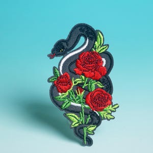 rose black snake patch, snake patch, iron on patch, embroidered patch, aesthetic patch, funny patch, for jacket, for backpack,