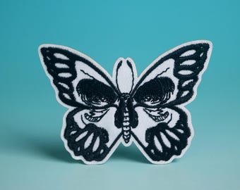 Deaths Head Moth Embroidered Patch: Iron-On Jacket Applique