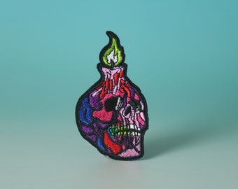 skull candle patch, rainbow, iron on patch, embroidered patch, aesthetic patch, funny patch, for jacket, for backpack,