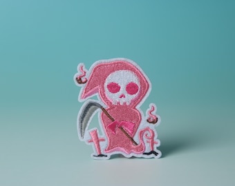 Death in pink patch, for Halloween patch, iron on patch, embroidered patch, aesthetic patch, funny patch, for jacket, for backpack,