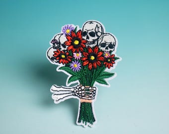 skull rose bouquet patch, flower, iron on patch, embroidered patch, aesthetic patch, funny patch, for jacket, for backpack,