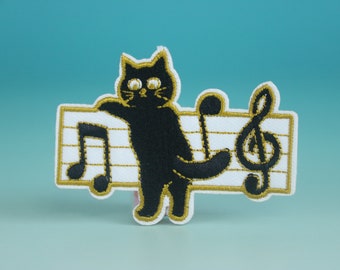 lapp med svart katt, musikkattlapp, stryklapp, broderad lapp, estetisk lapp, rolig lapp, för jacka, för ryggsäck,