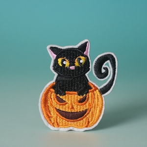 Peut inclure: Chat noir aux yeux jaunes assis dans une citrouille orange avec un visage sculpté. Le chat a un nez rose et une queue enroulée. La citrouille et le chat sont brodés sur un tissu blanc.