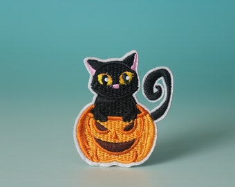 black cat on the pumpkin patch, Halloween, iron on patch, embroidered patch, aesthetic patch, funny patch, for jacket, for backpack,