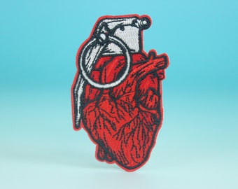 grenade red heart patch, iron on patch, embroidered patch, aesthetic patch, funny patch, for jacket, for backpack,