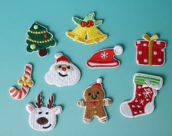 a set of 9 stick on Christmas patch, Father Christmas iron on patch, embroidered patch, aesthetic patch, funny patch for book