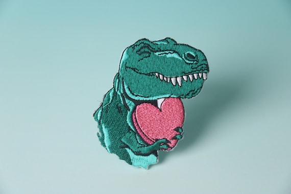 T-rex with pink heart patch, Dinosaur patch, iron on patch, embroidered patch, aesthetic patch, funny patch, for jacket, for backpack,