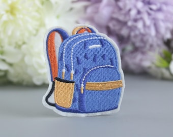 Blue Backpack Embroidered Iron On Patch: School Bag Applique