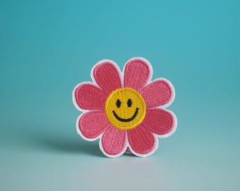 Parche termoadhesivo bordado con flor de sonrisa rosa