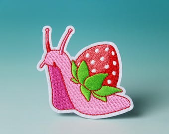strawberry snail patch, pink iron on patch, embroidered patch, aesthetic patch, funny patch, for jacket, for backpack,