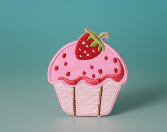 pink strawberry cupcake patch, dessert patch, iron on patch, embroidered patch, aesthetic patch, funny patch, for jacket, for backpack,