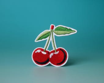 Red Cherry Embroidered Iron On Patch: Fruit Applique