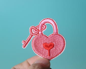 Pink Love Lock & Key Patch - Embroidered Iron-On Applique