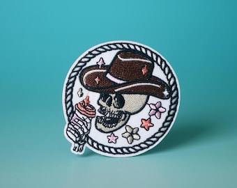 Skull Cowboy Embroidered Patch: Drink Iron-On Applique
