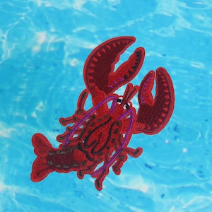 Könnte beinhalten: Roter gestickter Hummer-Patch mit lila Nähten vor einem blauen Wasserhintergrund.