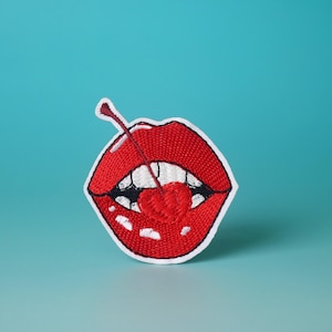 eating cherry patch, bite, red lip patch, iron on patch, embroidered patch, aesthetic patch, funny patch, for jacket, for backpack,