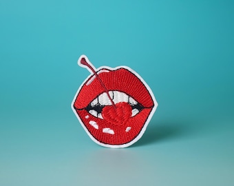 eating cherry patch, bite, red lip patch, iron on patch, embroidered patch, aesthetic patch, funny patch, for jacket, for backpack,