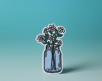 white flower on the vase patch, iron on patch, embroidered patch, aesthetic patch, funny patch, for jacket, for backpack,
