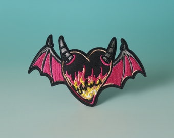 flaming heart shape bat patch, Devil patch, iron on patch, embroidered patch, aesthetic patch, funny patch, for jacket, for backpack,