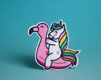 cute unicorn with pink flamingo swim ring patch, iron on patch, embroidered patch, aesthetic patch, funny patch, for jacket, for backpack,