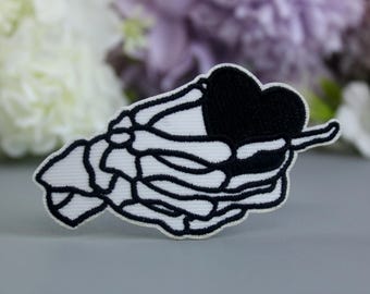 Skeleton Hand Embroidered Patch: Black Heart Iron-On Applique