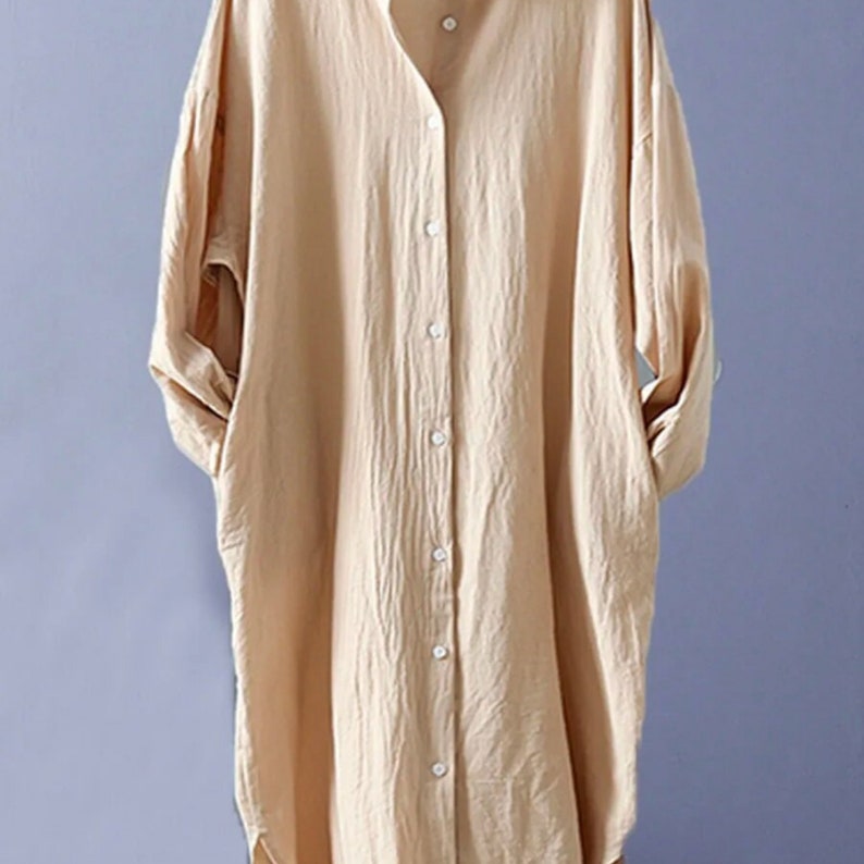 Robe chemise oversize en lin Haut à manches longues en coton Mode féminine décontractée image 4