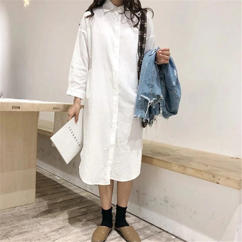 Robe chemise oversize en lin Haut à manches longues en coton Mode féminine décontractée image 3