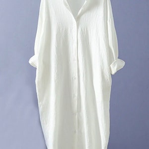 Lniana sukienka koszulowa oversize Bawełniany top z długim rękawem Casualowa moda damska zdjęcie 7