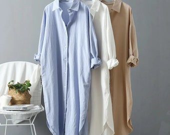 Abito camicia di lino oversize / Top a maniche lunghe in cotone / Moda casual da donna