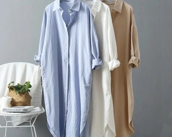 Robe chemise oversize en lin | Haut à manches longues en coton | Mode féminine décontractée