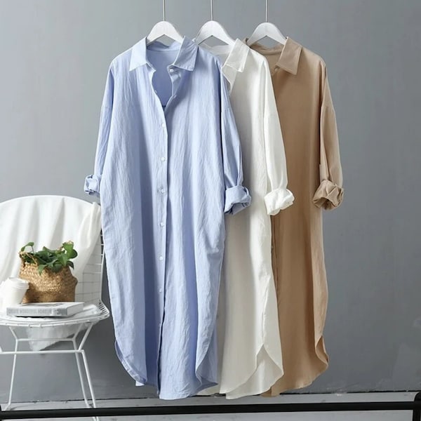 Vestido camisero de lino de gran tamaño / Top de manga larga de algodón / Moda casual para mujer