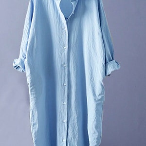 Robe chemise oversize en lin Haut à manches longues en coton Mode féminine décontractée Blue