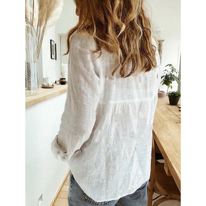 Long Sleeve Tops Loose Buttoned Style Women's Blouse Collar Down zdjęcie 2