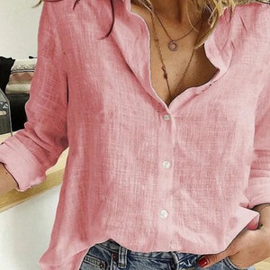 Long Sleeve Tops Loose Buttoned Style Women's Blouse Collar Down Pink