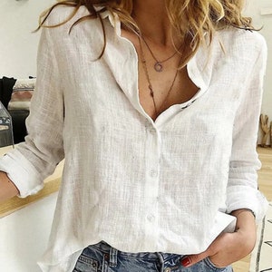 Long Sleeve Tops Loose Buttoned Style Women's Blouse Collar Down White