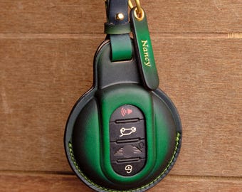Funda para llave de Mini Cooper Countryman / Funda de cuero verde personalizada para Clubman Hardtop / Regalo personalizado para llave de coche hecha a mano