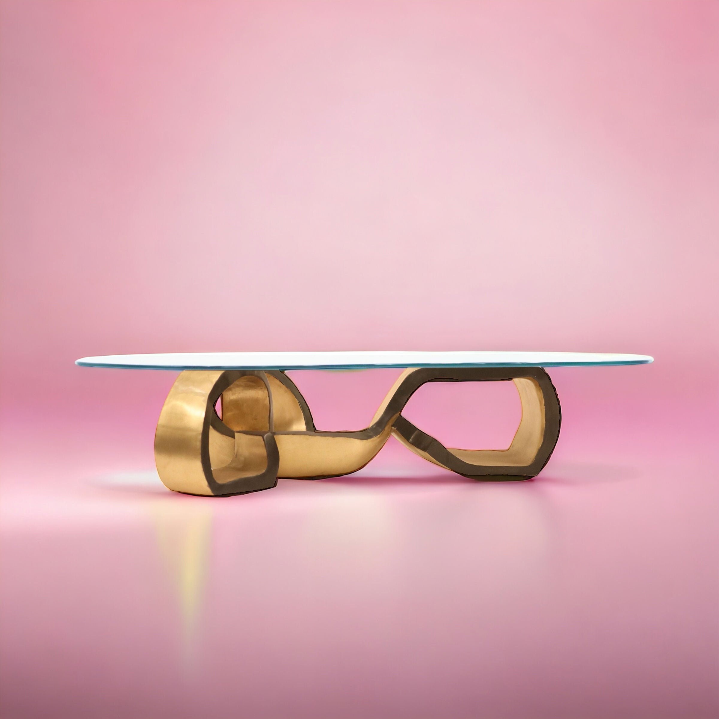 Margaret Abstract Brass Modern Oval Coffee Table, Unique Thick Glass