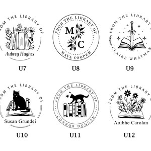 May include: Twelve black and white circular stamps with the text "From the Library of" and a unique design for each stamp. The designs include a sword, flowers, books, and cats.