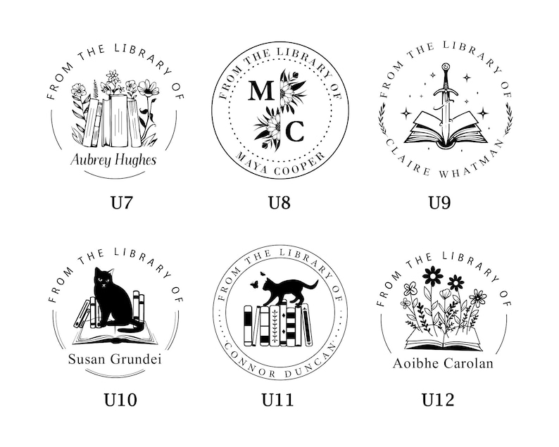 May include: Twelve black and white circular stamps with the text "From the Library of" and a unique design for each stamp. The designs include a sword, flowers, books, and cats.