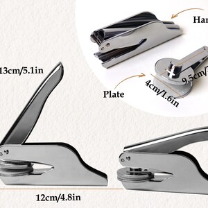 May include: A silver metal stamp with a 4 inch diameter plate and a 9.5 inch long handle. The stamp is 13 inches long and 12 inches wide. The stamp is used for sealing documents or packages.