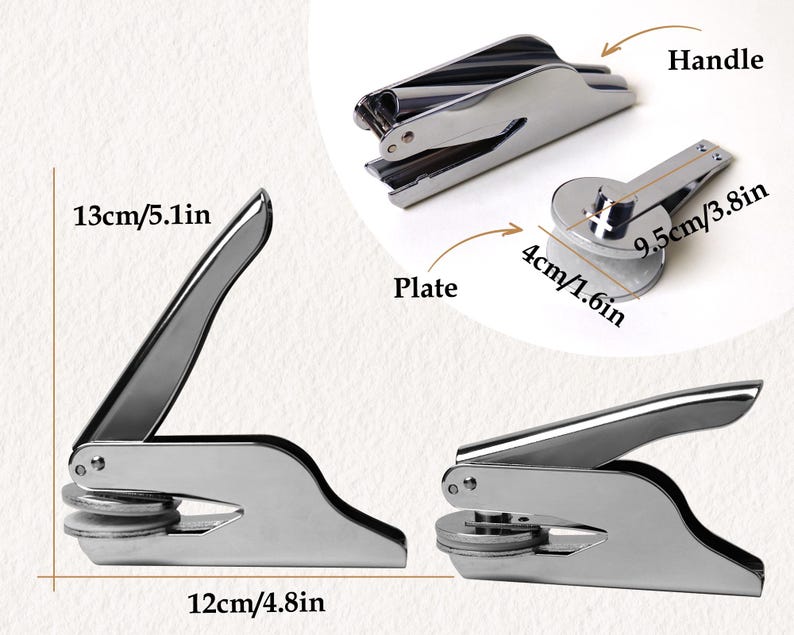 May include: A silver metal stamp with a 4 inch diameter plate and a 9.5 inch long handle. The stamp is 13 inches long and 12 inches wide. The stamp is used for sealing documents or packages.