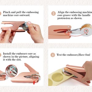 May include: A four-step guide on how to use a rose gold embossing machine to create wax seals. The steps are illustrated with images of the machine and the process.