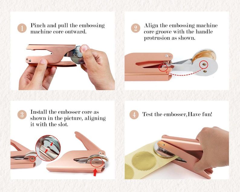May include: A four-step guide on how to use a rose gold embossing machine to create wax seals. The steps are illustrated with images of the machine and the process.